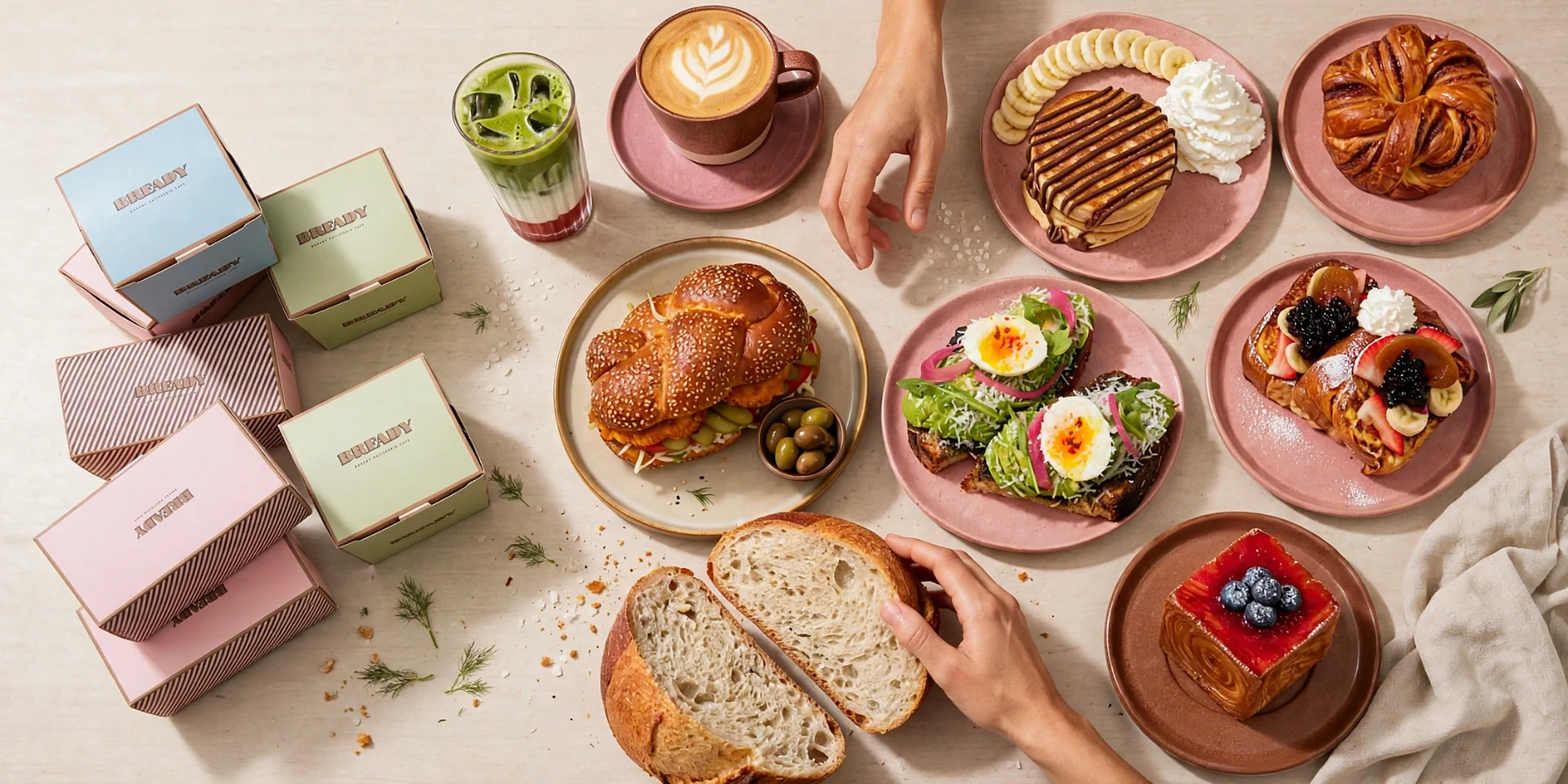 Overhead view of a Bready table: pancakes with banana and chocolate, avocado toast with soft-boiled eggs, french toast with berries, a sesame sandwich, a latte in a rose cup, pastel Bready pastry boxes and a sliced sourdough loaf